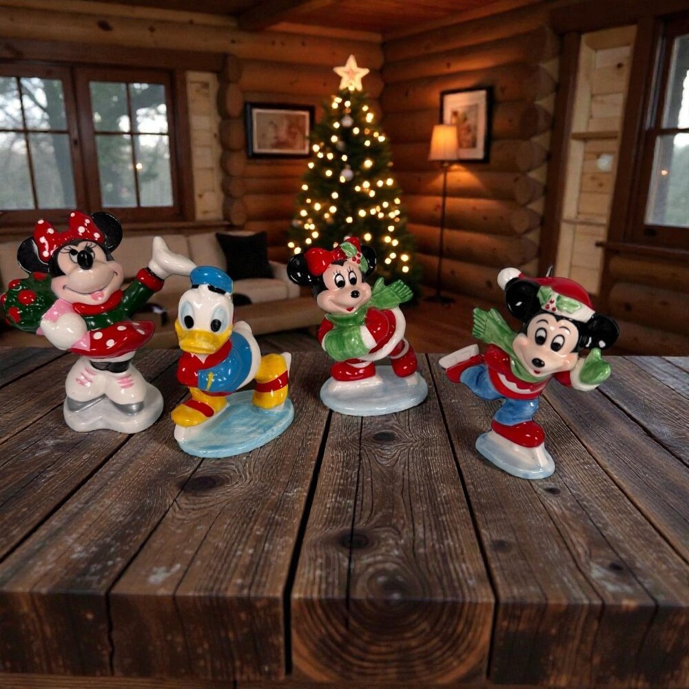 VTG Disney Minnie Mickey Mouse Donald Duck Christmas Ice Skating Figurine Lot